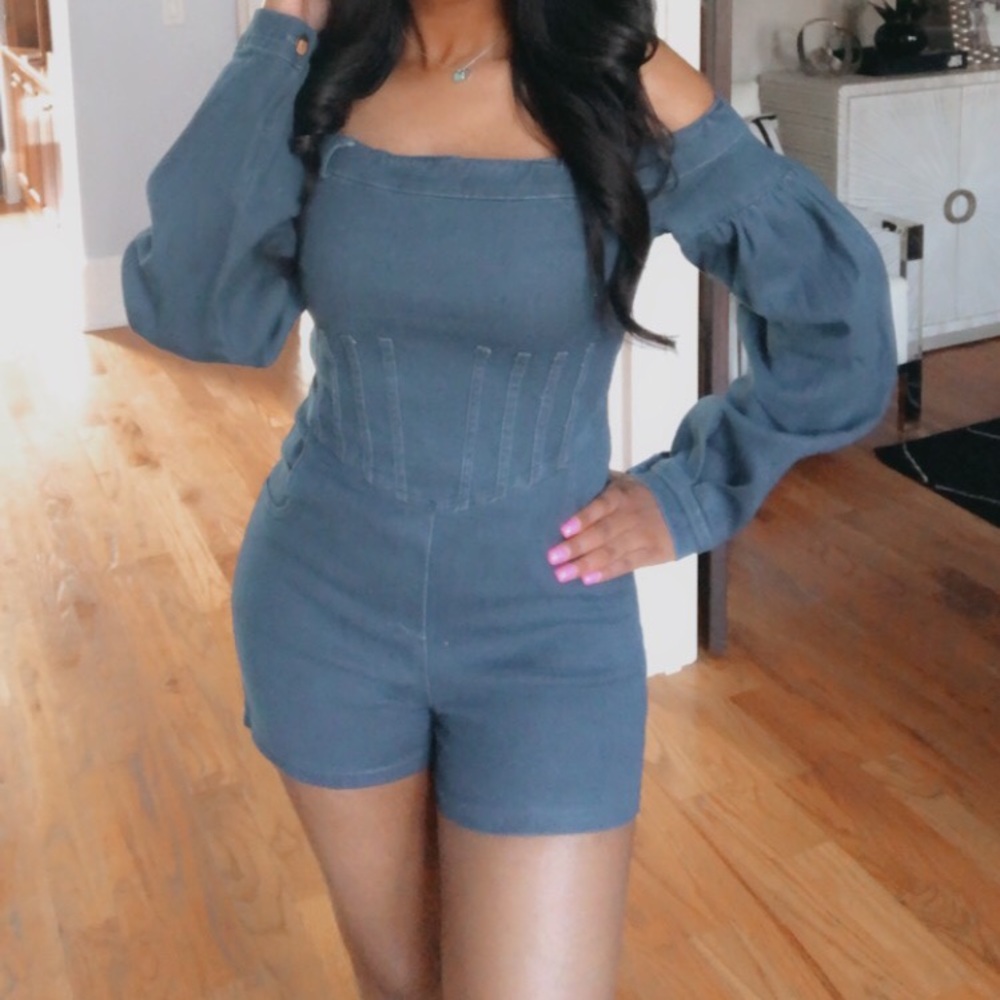 Stretch denim open back romper with bell sleeves